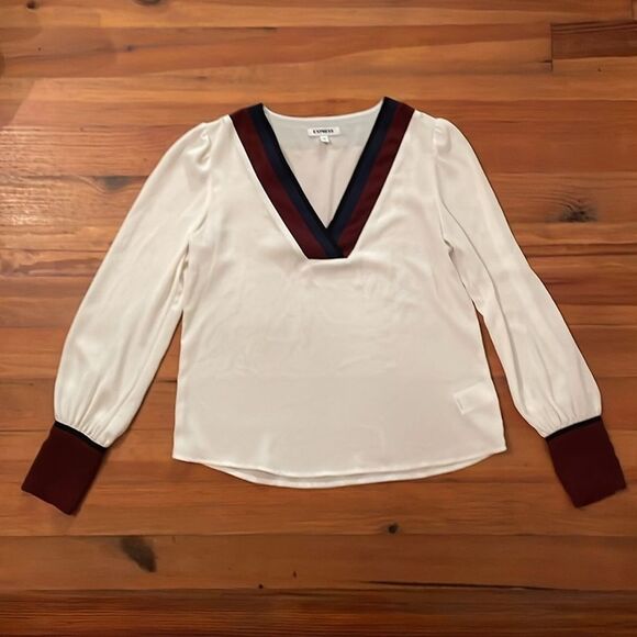 Express White Sheer Deep V Neck Blouse Womens Size Extra Small Maroon - Picture 3 of 10